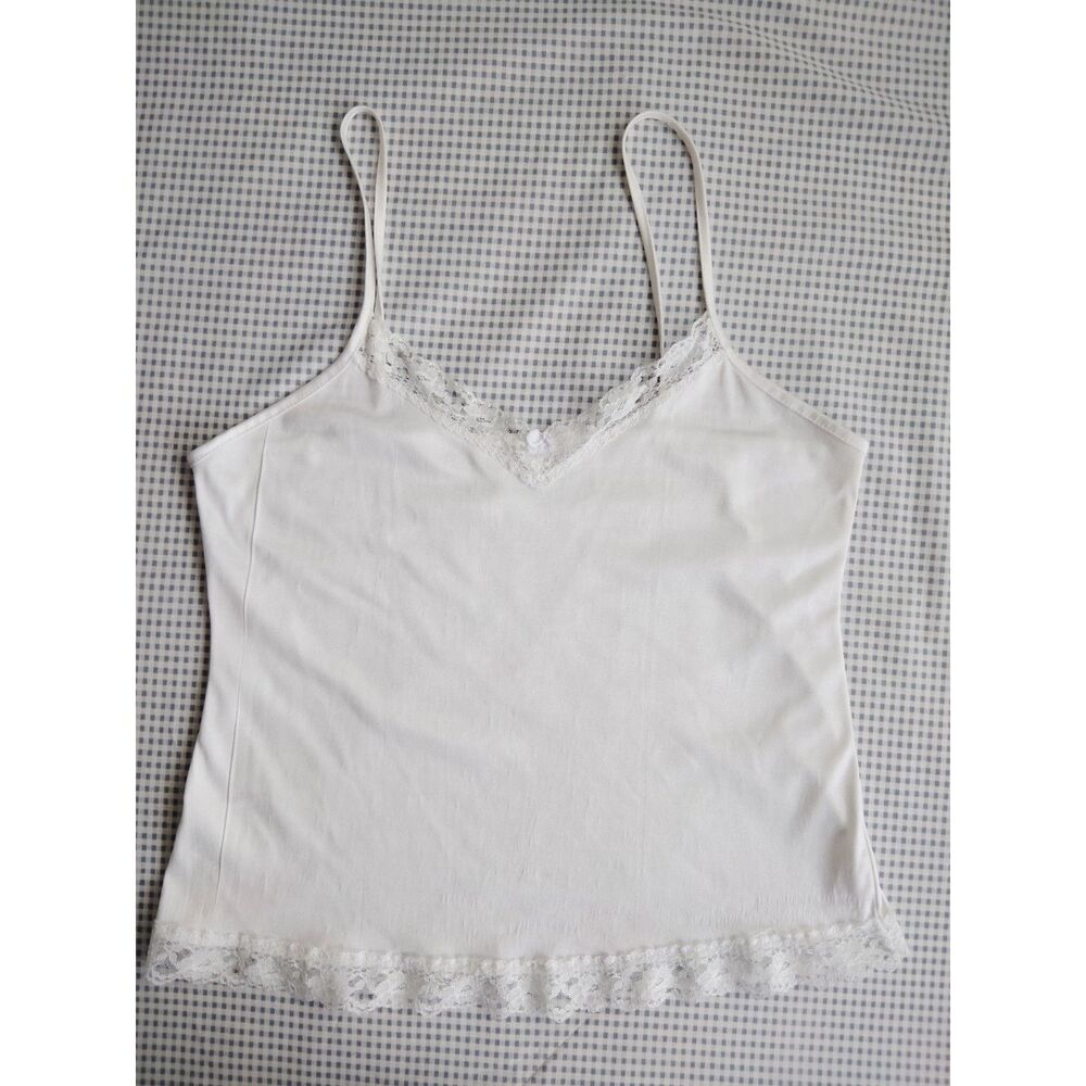 Barbizon Off White Satin Lace Trim Spaghetti Straps Camisole Slip Top Size Med